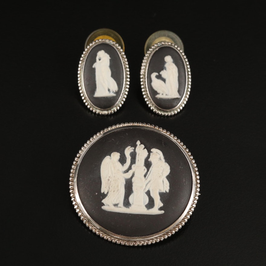 Vintage Wedgwood 800 Silver Jasperware Cameo Earrings and Brooch