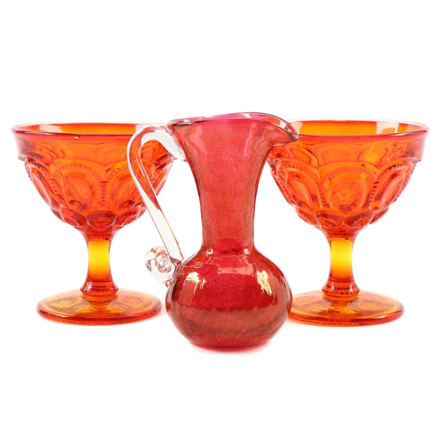 Amberina "Moon and Stars" Sherbet Glasses and Blown Glass Pitcher