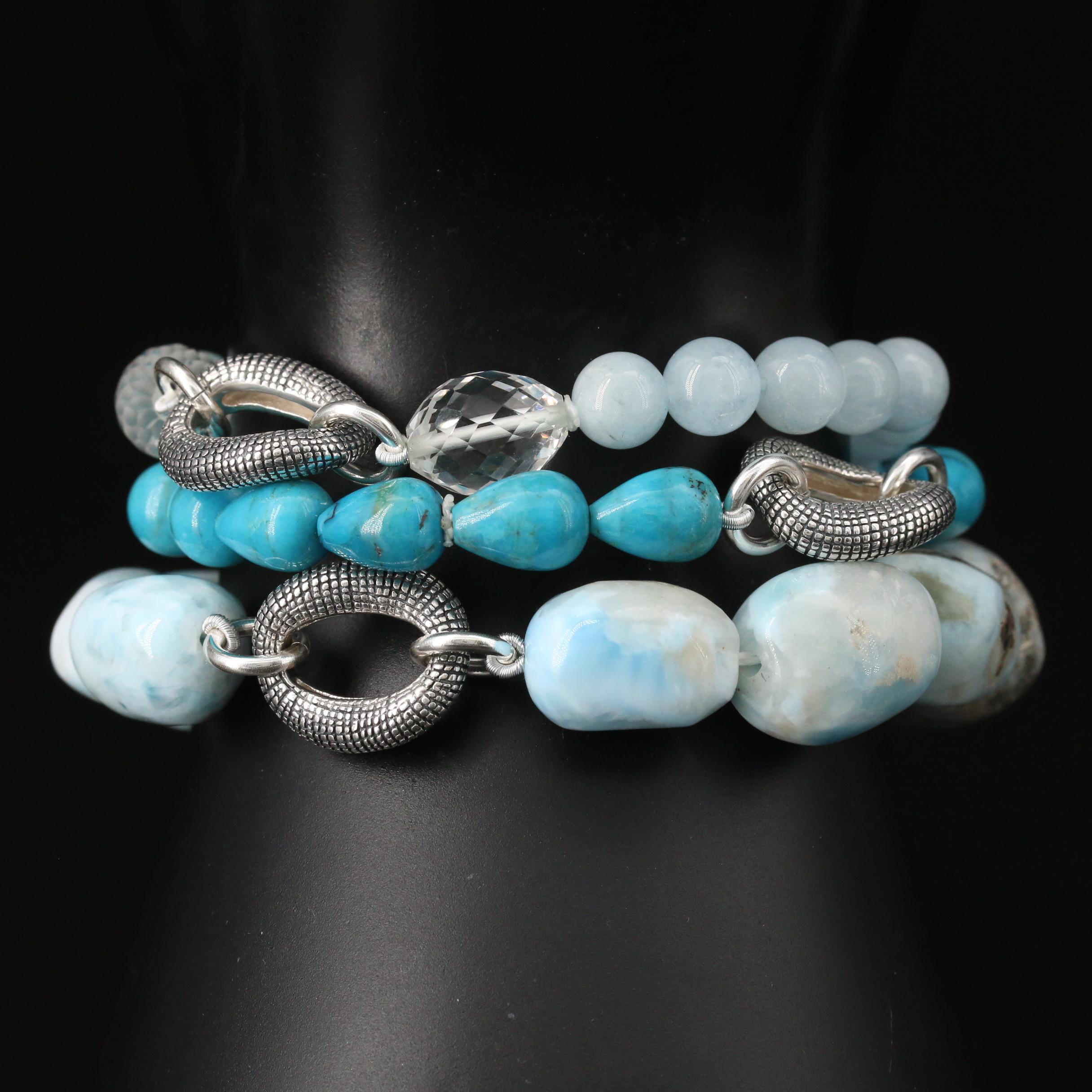 Michael Dawkins Sterling Turquoise and Gemstone Triple Row Bracelet