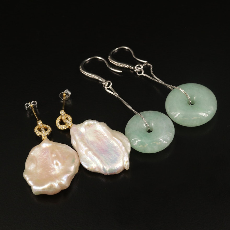 Sterling Pearl and Jadeite Bi-Disk Earrings with Cubic Zirconia Accents