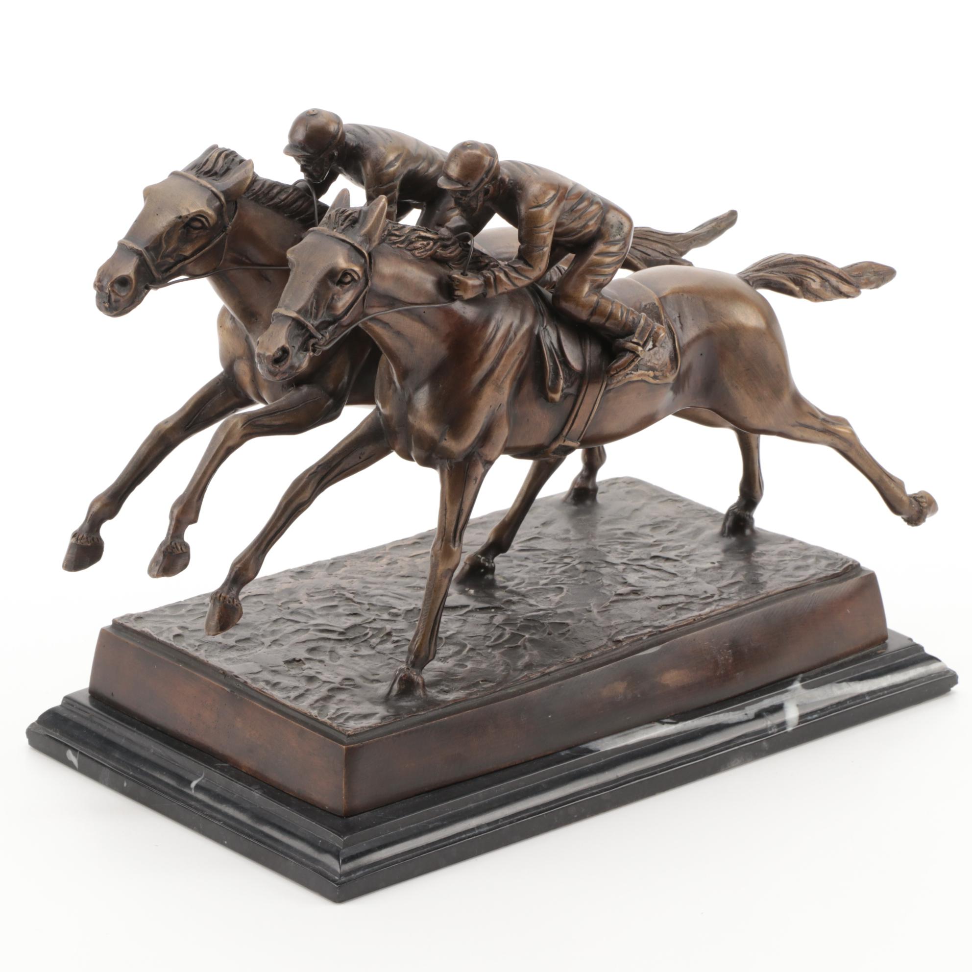 Jockeys on Horses Bronze Figurine