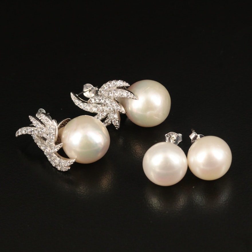 Sterling Silver Pearl Earrings with Cubic Zirconia Accents