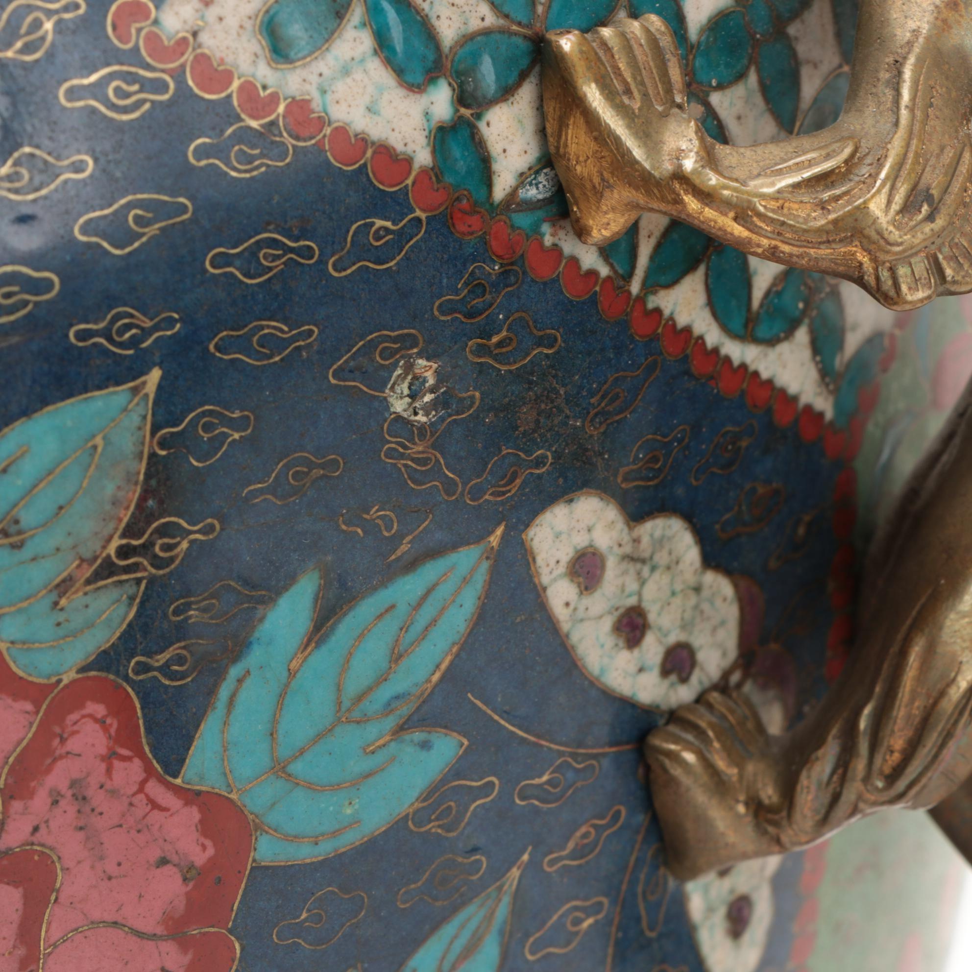 Cloisonné Brass Mounted Mantel Garniture Set, Early to Mid 20th Century