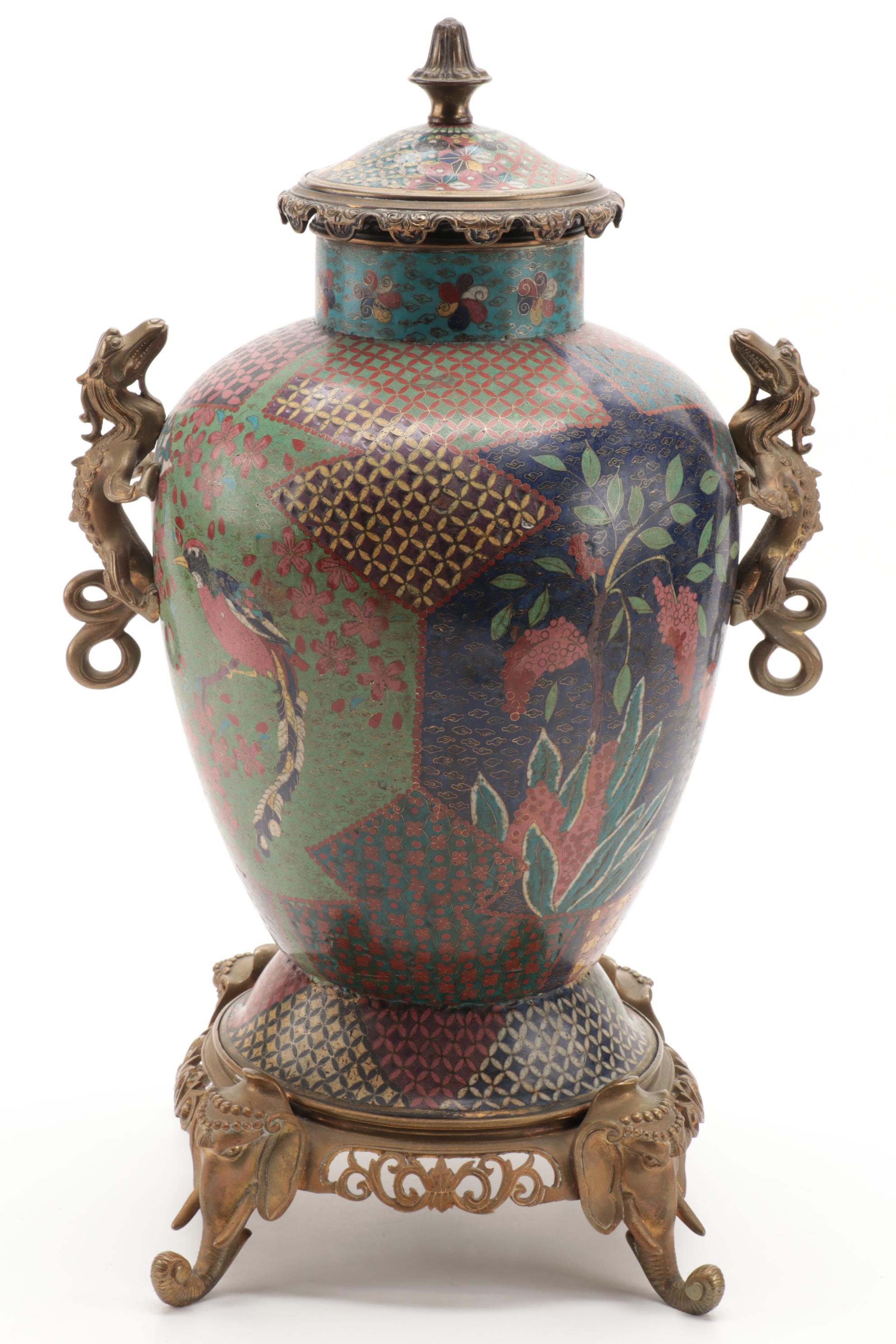 Cloisonné Brass Mounted Mantel Garniture Set, Early to Mid 20th Century