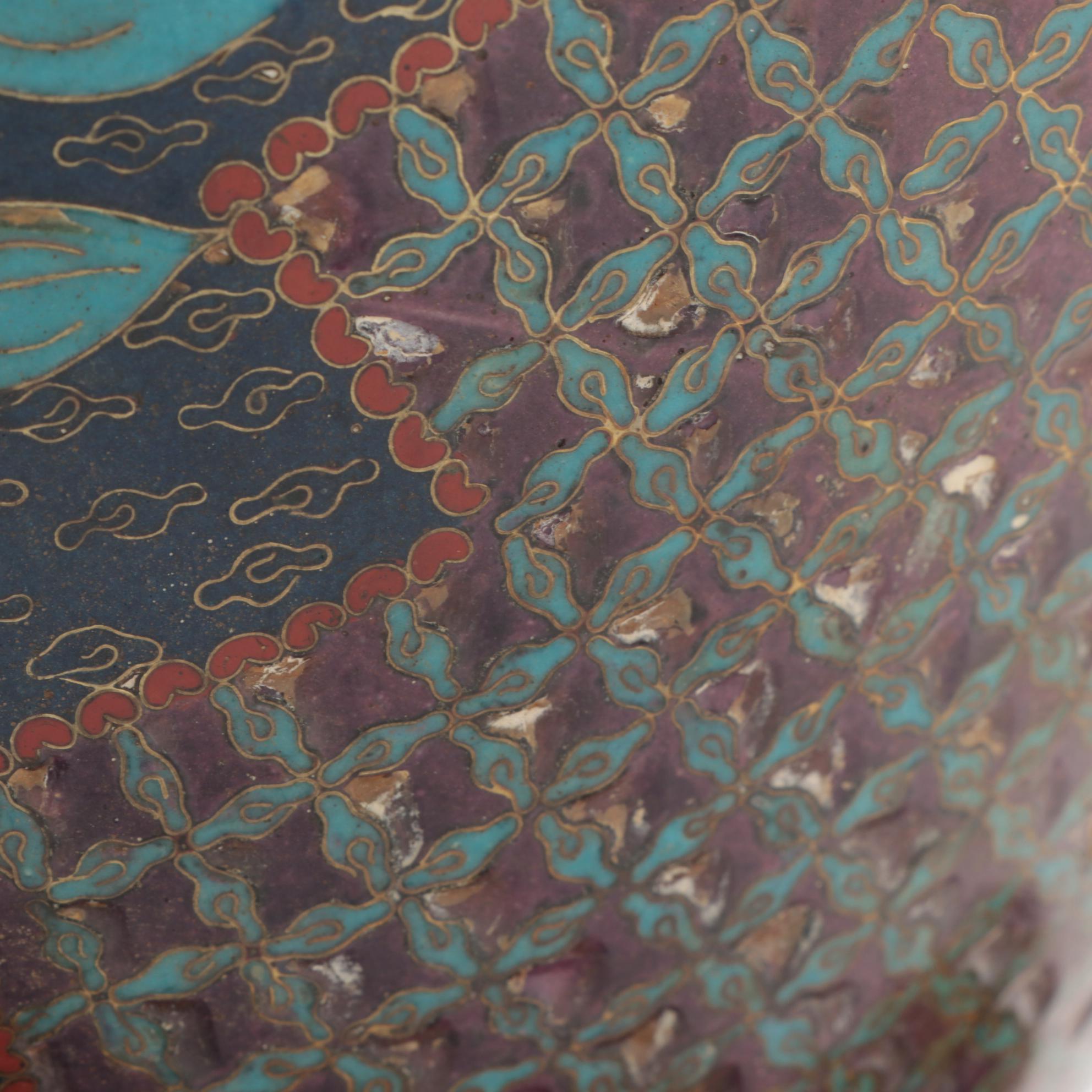 Cloisonné Brass Mounted Mantel Garniture Set, Early to Mid 20th Century