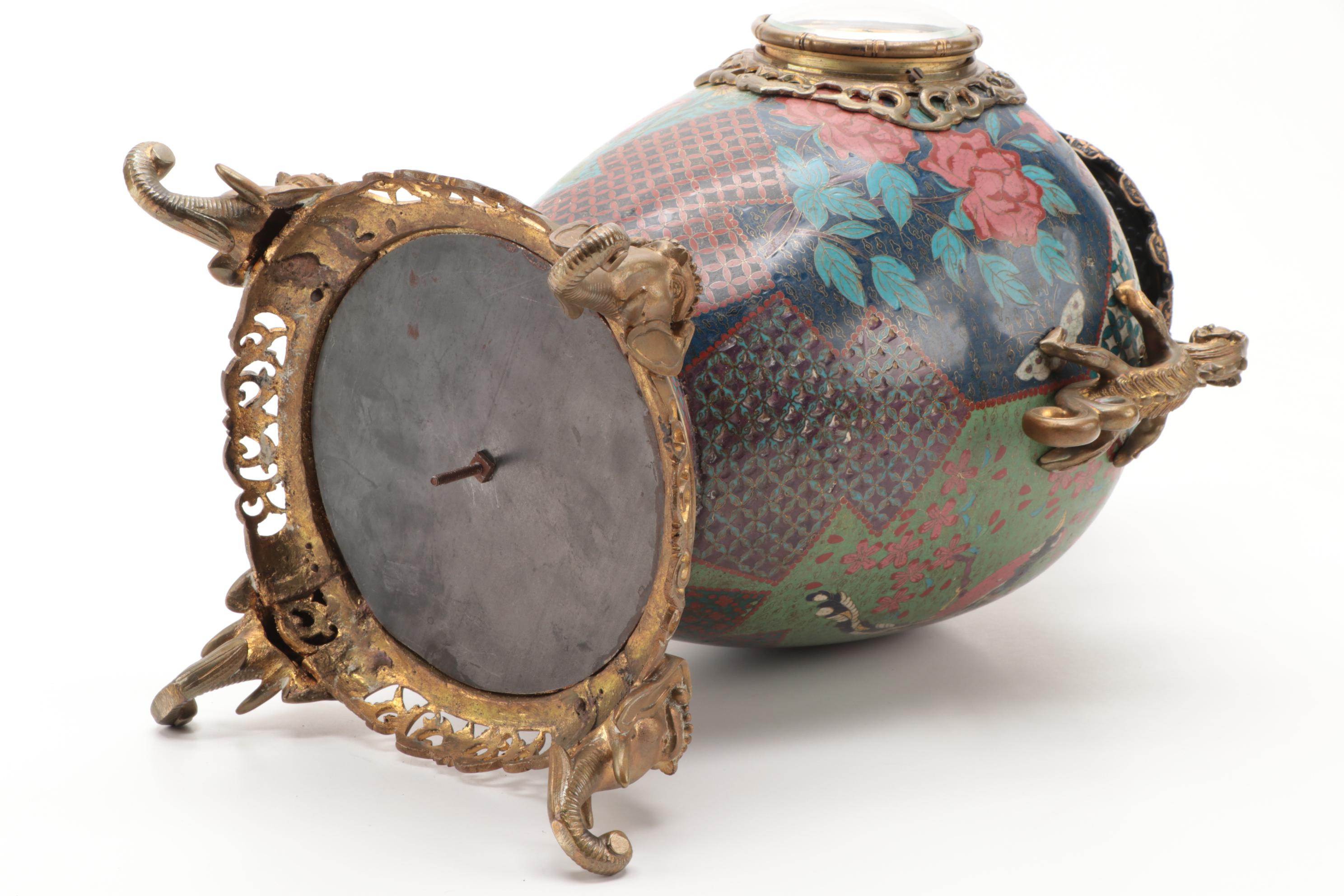 Cloisonné Brass Mounted Mantel Garniture Set, Early to Mid 20th Century