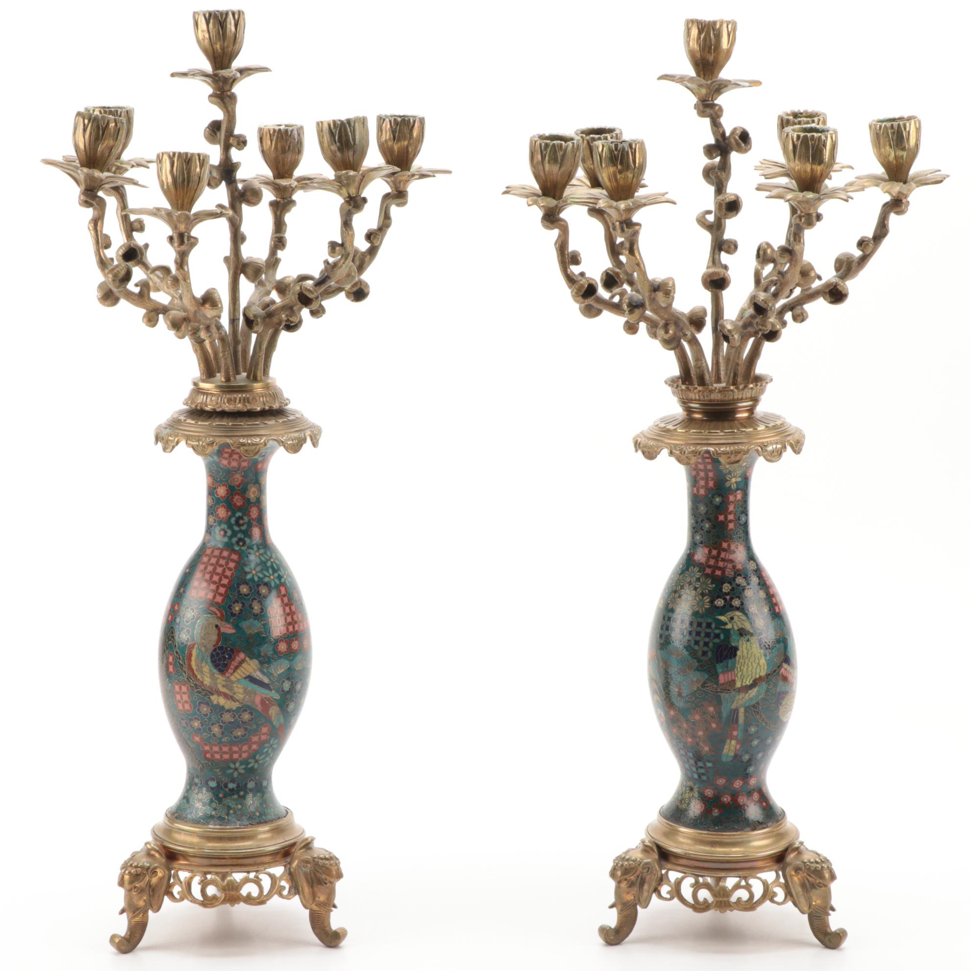 Cloisonné Brass Mounted Mantel Garniture Set, Early to Mid 20th Century
