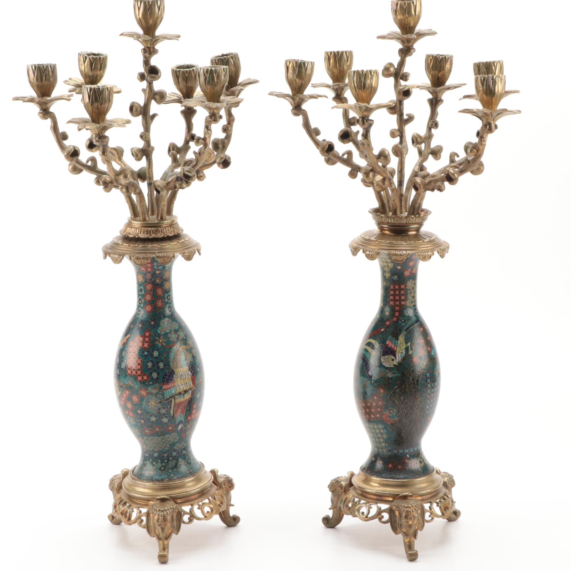 Cloisonné Brass Mounted Mantel Garniture Set, Early to Mid 20th Century