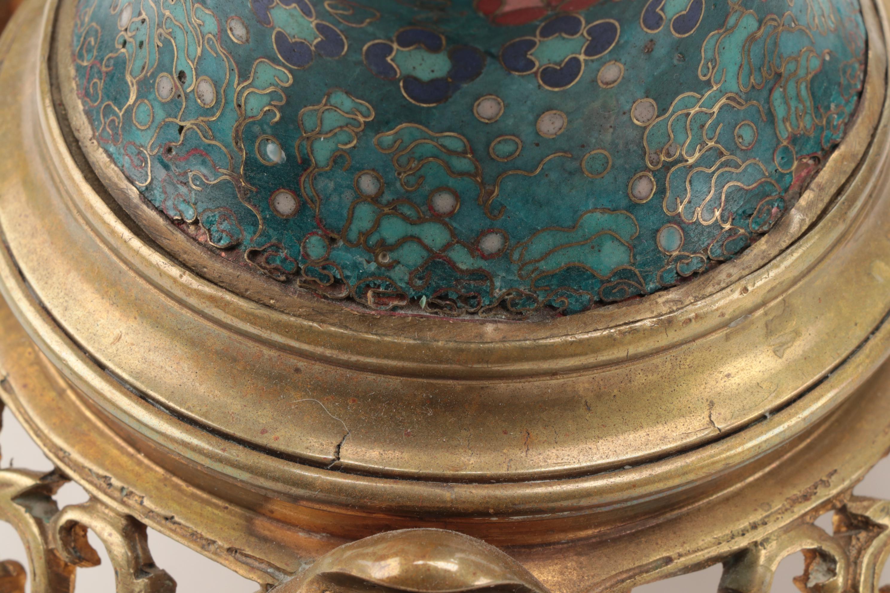 Cloisonné Brass Mounted Mantel Garniture Set, Early to Mid 20th Century