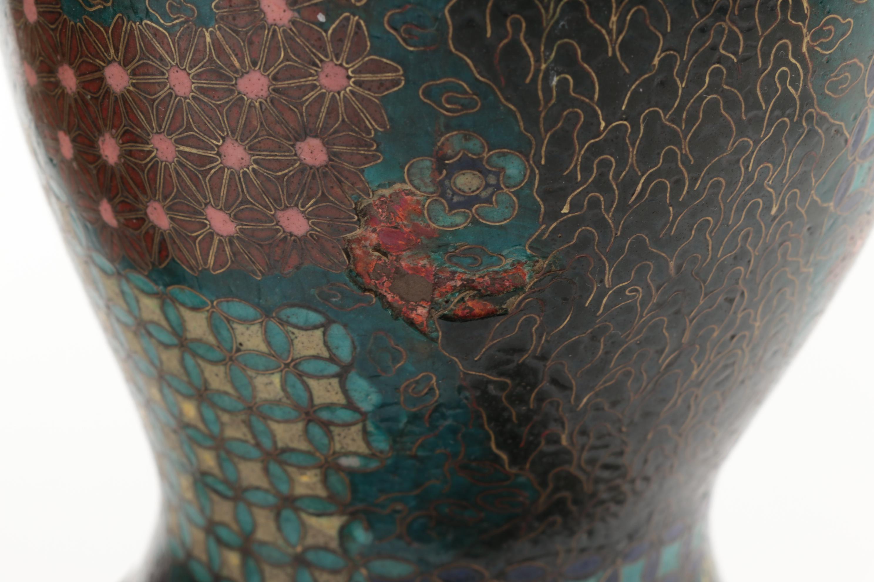 Cloisonné Brass Mounted Mantel Garniture Set, Early to Mid 20th Century