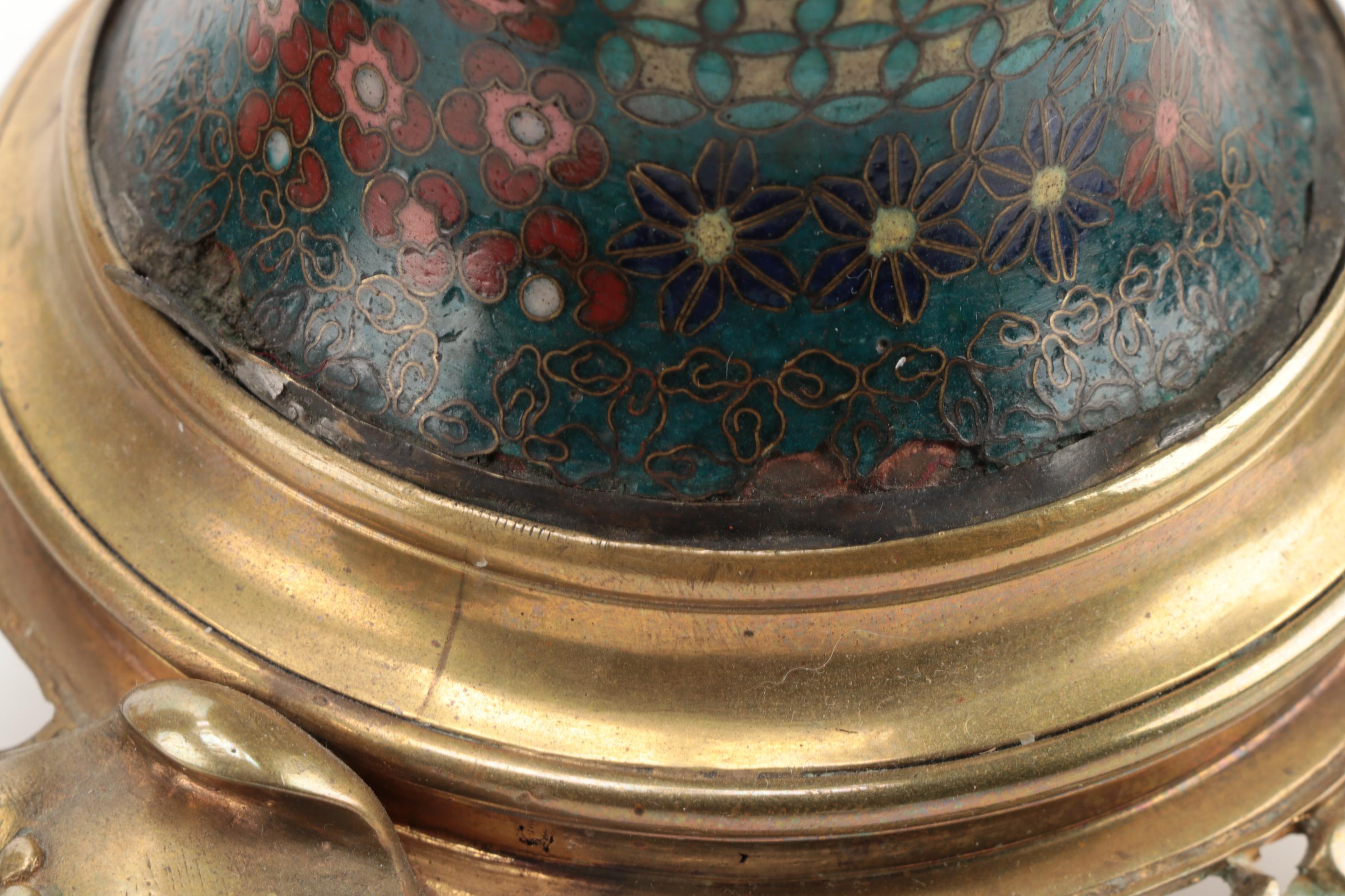 Cloisonné Brass Mounted Mantel Garniture Set, Early to Mid 20th Century