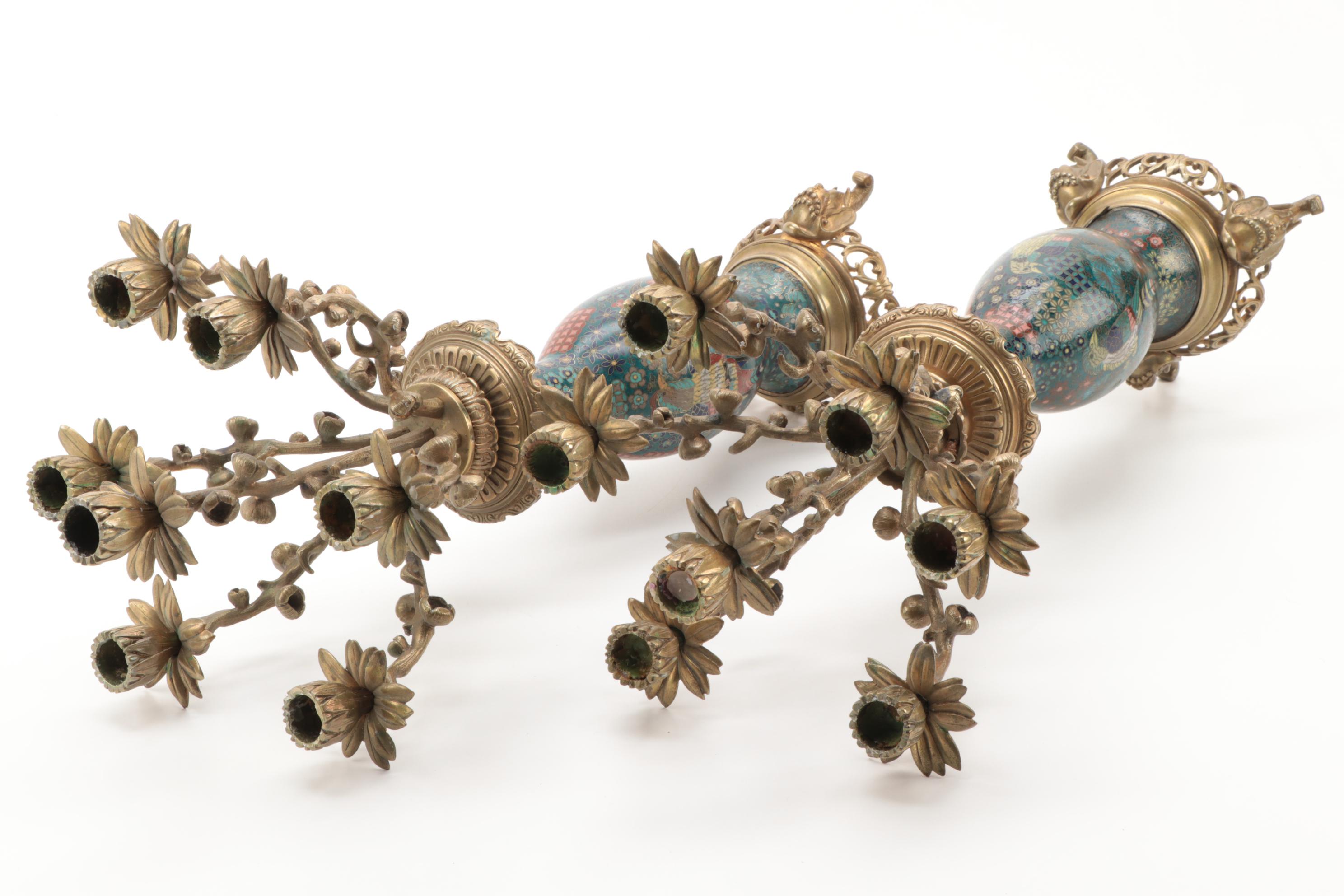 Cloisonné Brass Mounted Mantel Garniture Set, Early to Mid 20th Century