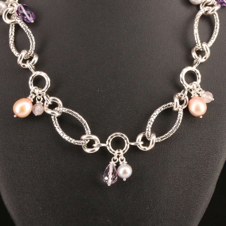 Michael Dawkins Link Necklace with Amethyst, Rose Quartz and Pearl in Sterling
