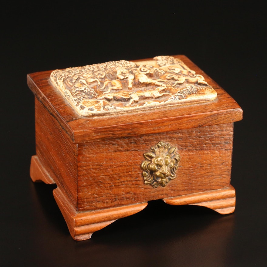 Wooden Box with Molded Resin Relief Fox Hunting Scene, Mid-20th Century
