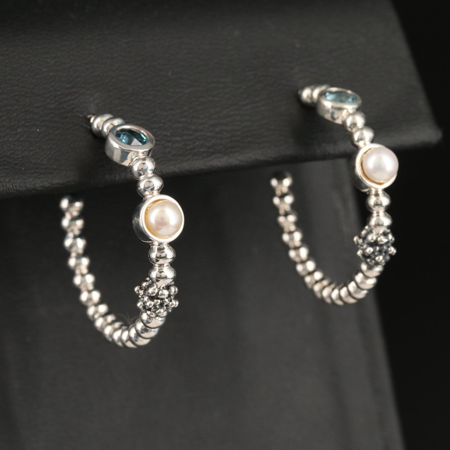 Michael Dawkins Sterling Topaz and Pearl Hoop Earrings