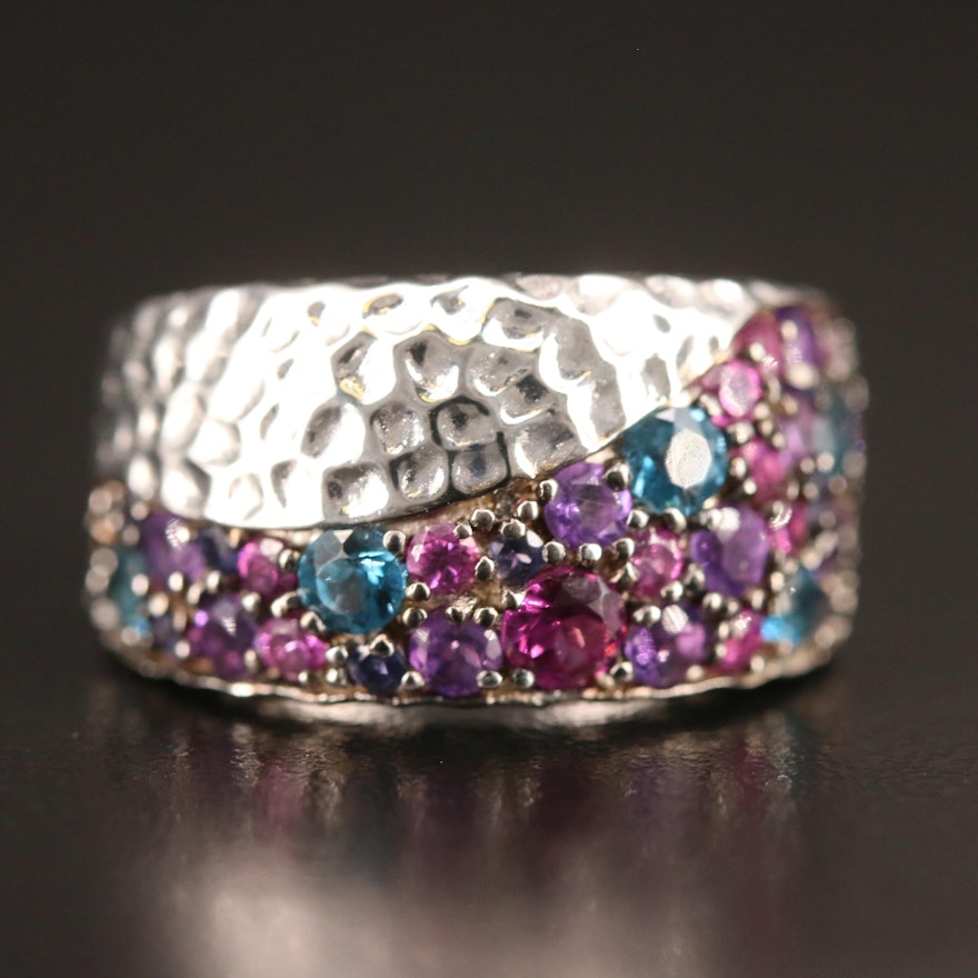 SeidenGang Sterling Silver Hammered Finish Band with Topaz, Amethyst and Garnet