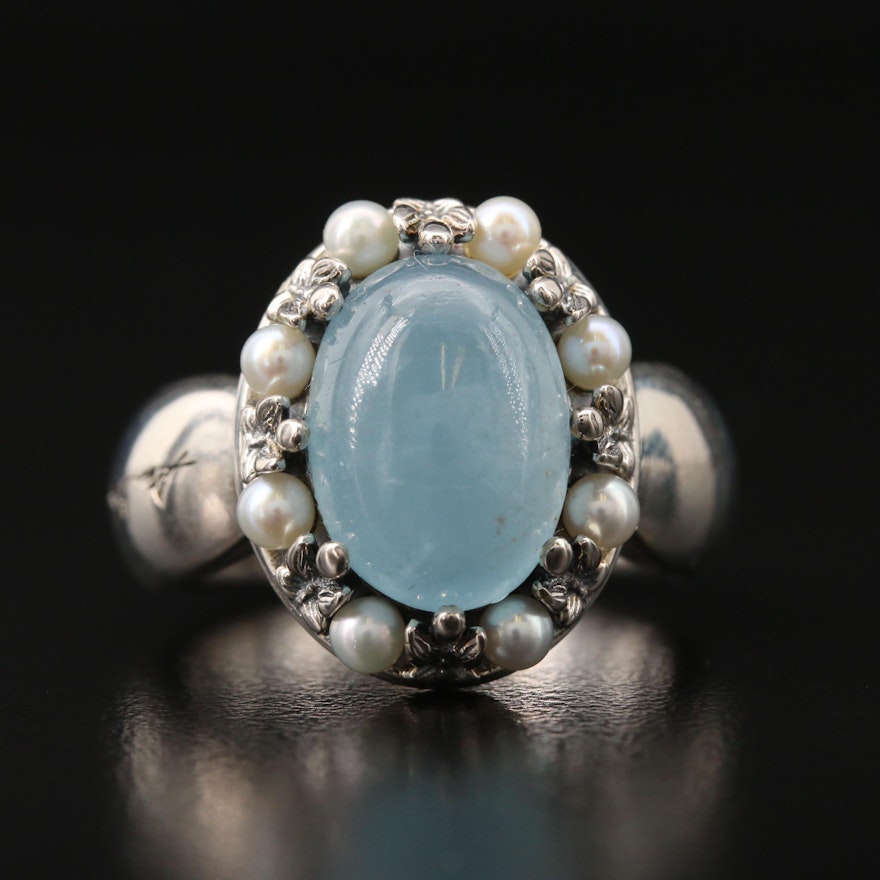 Ann King Sterling Aquamarine and Pearl Ring