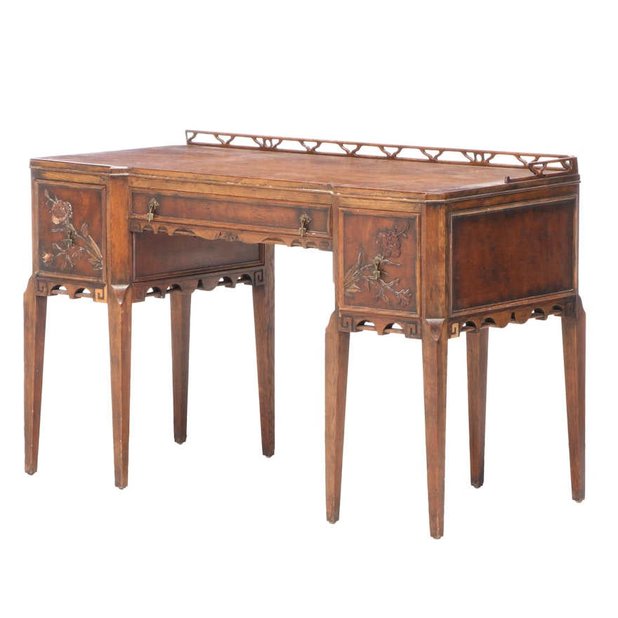 Century Furniture Walnut and Oak Chinoiserie Pedestal Desk, Early 20th Century