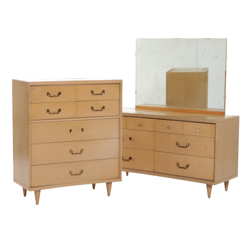 Mid Century Modern Blonde Wood Dresser and Highboy Set