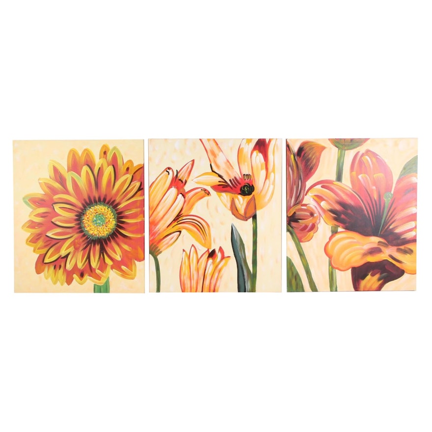 Triptych Acrylic Painting of Floral Composition, Late 20th to 21st Century