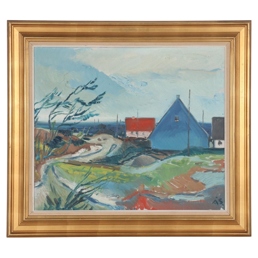 Aage Strand Abstract Oil Painting of Seaside Town, Mid to Late 20th Century