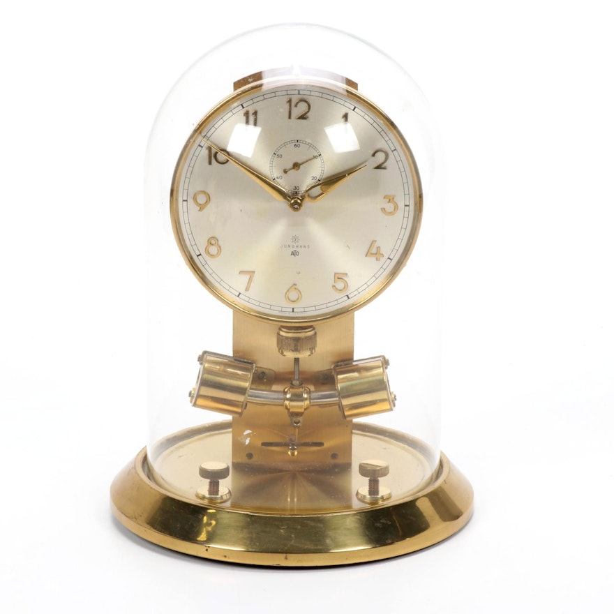 Junghans "ATO" Brass Anniversary Clock with Glass Dome, Mid-Late 20th Century
