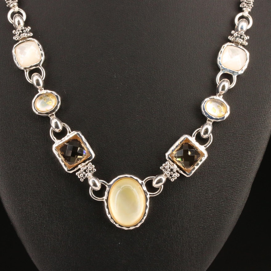 Michael Dawkins Sterling Silver Granulated Link Necklace with Gemstone Accents
