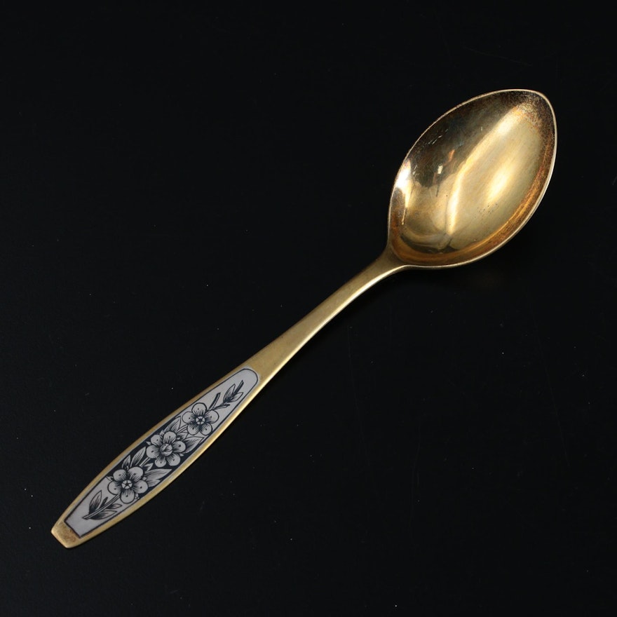 Soviet Russian Niello and Gold Wash 875 Silver Spoon, Mid to Late 20th Century