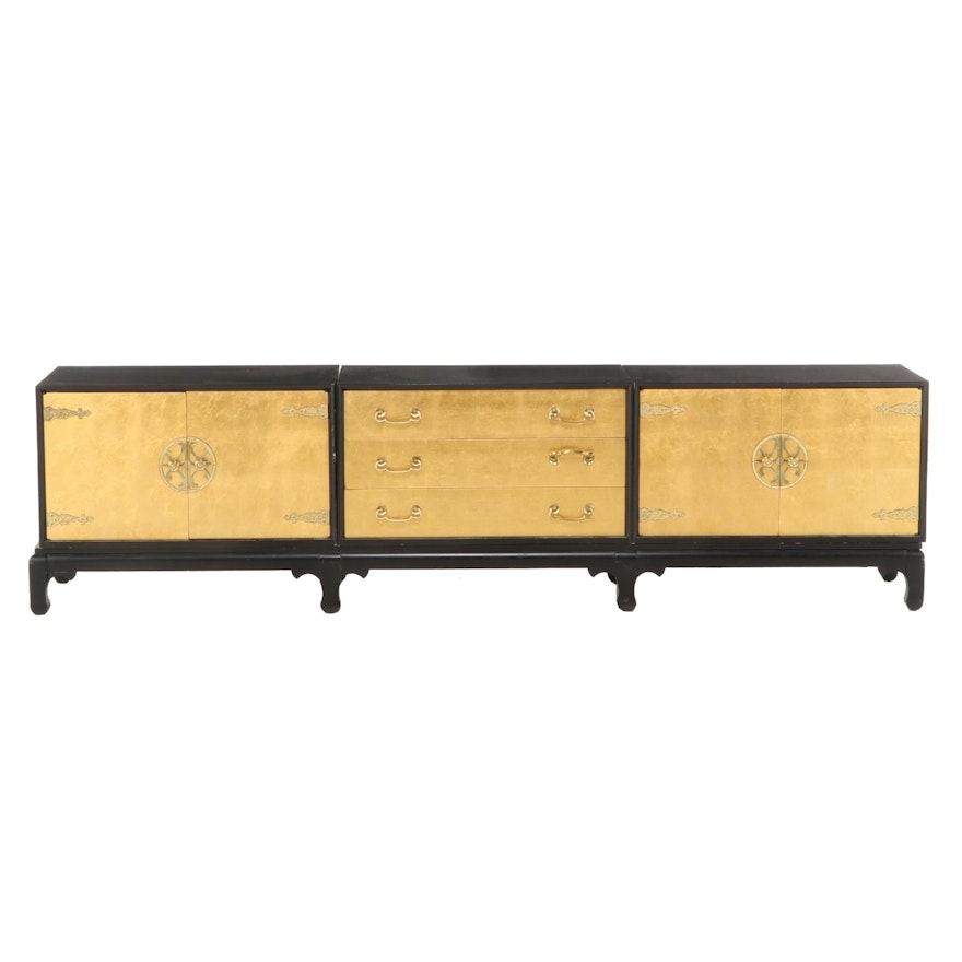 Black Lacquered and Parcel-Gilt Three-Part Credenza, Attributed to Renzo Rutili