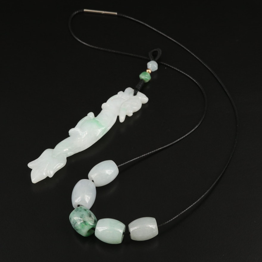 Chinese Inspired Carved Jadeite Pendant with 14K Accent and Bead Necklace
