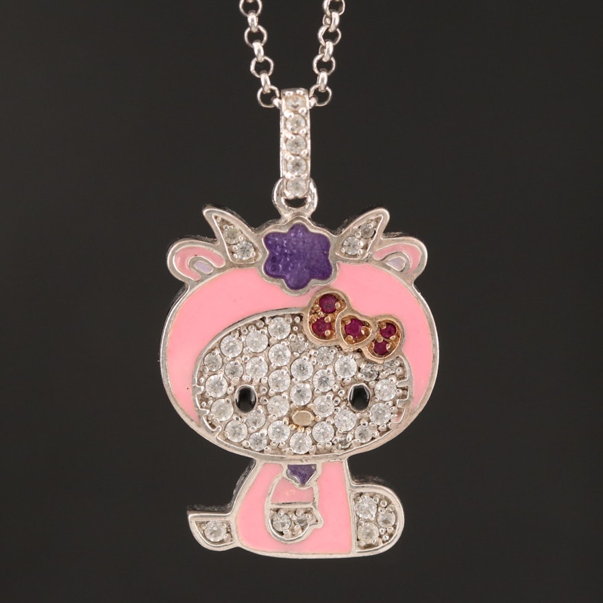 Sterling Cubic Zirconia Hello Kitty Necklace with Ruby Accents