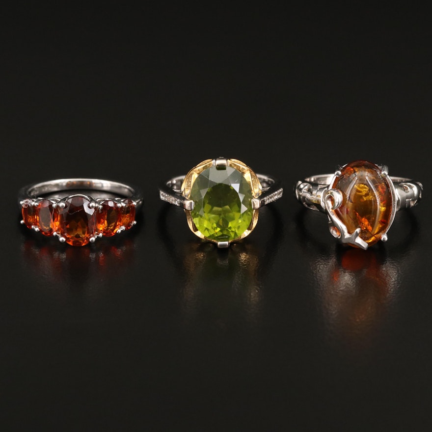 Sterling Silver Peridot, Amber and Zircon Rings
