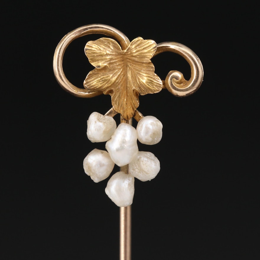 Vintage 10K Pearl Stick Pin with 14K Accent Leaf