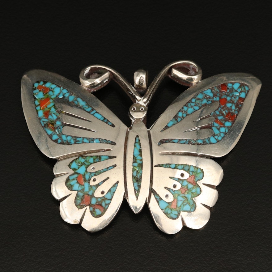 Signed Southwestern Style Butterfly Brooch with Inlay Accents