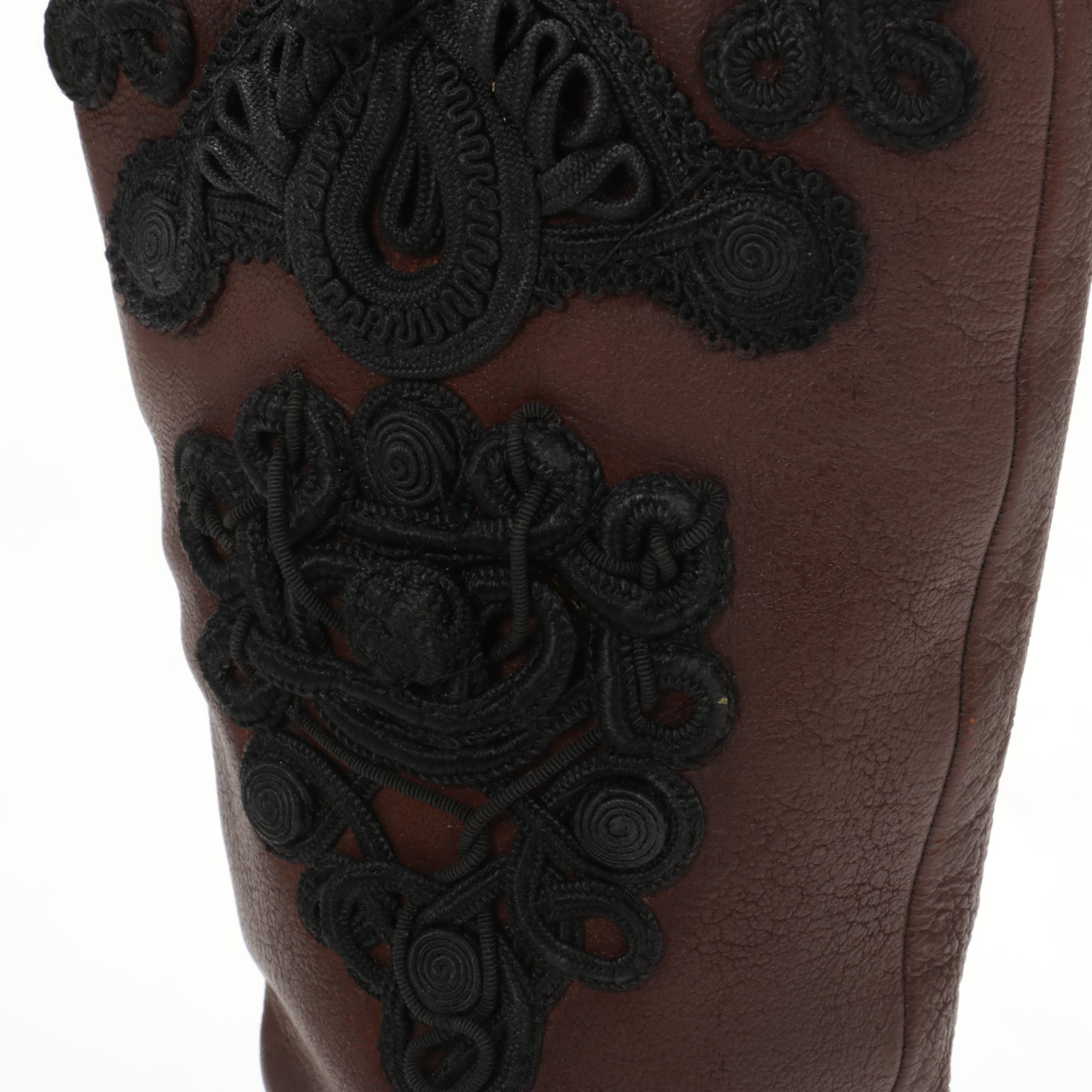 Prada Brown Leather High-Heeled Boots with Black Soutache Embroidery