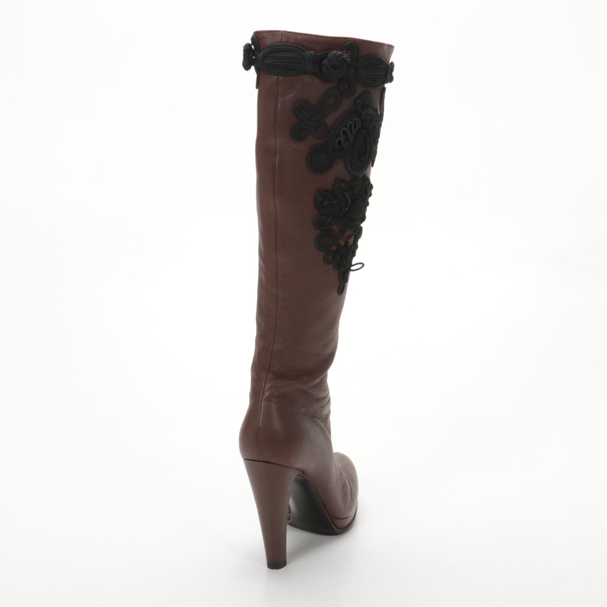 Prada Brown Leather High-Heeled Boots with Black Soutache Embroidery