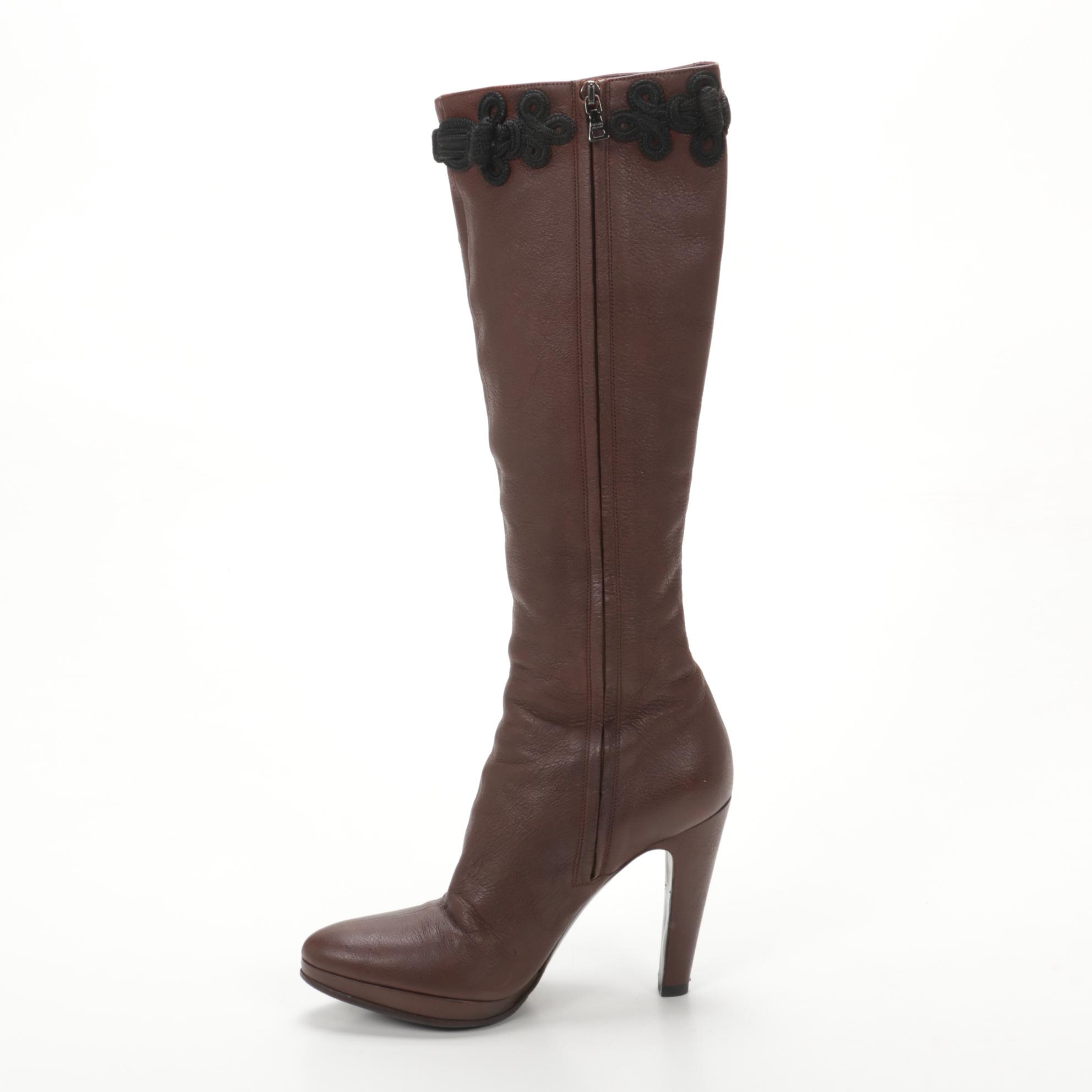 Prada Brown Leather High-Heeled Boots with Black Soutache Embroidery