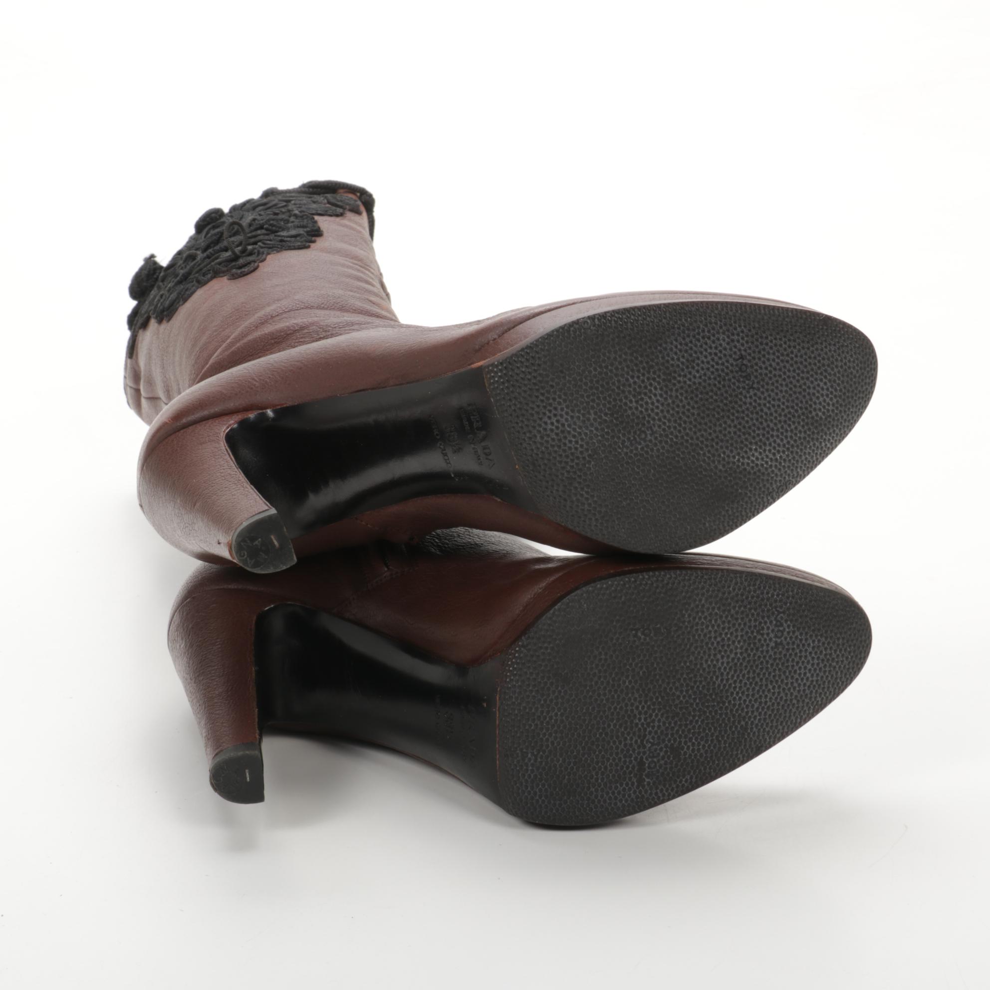 Prada Brown Leather High-Heeled Boots with Black Soutache Embroidery