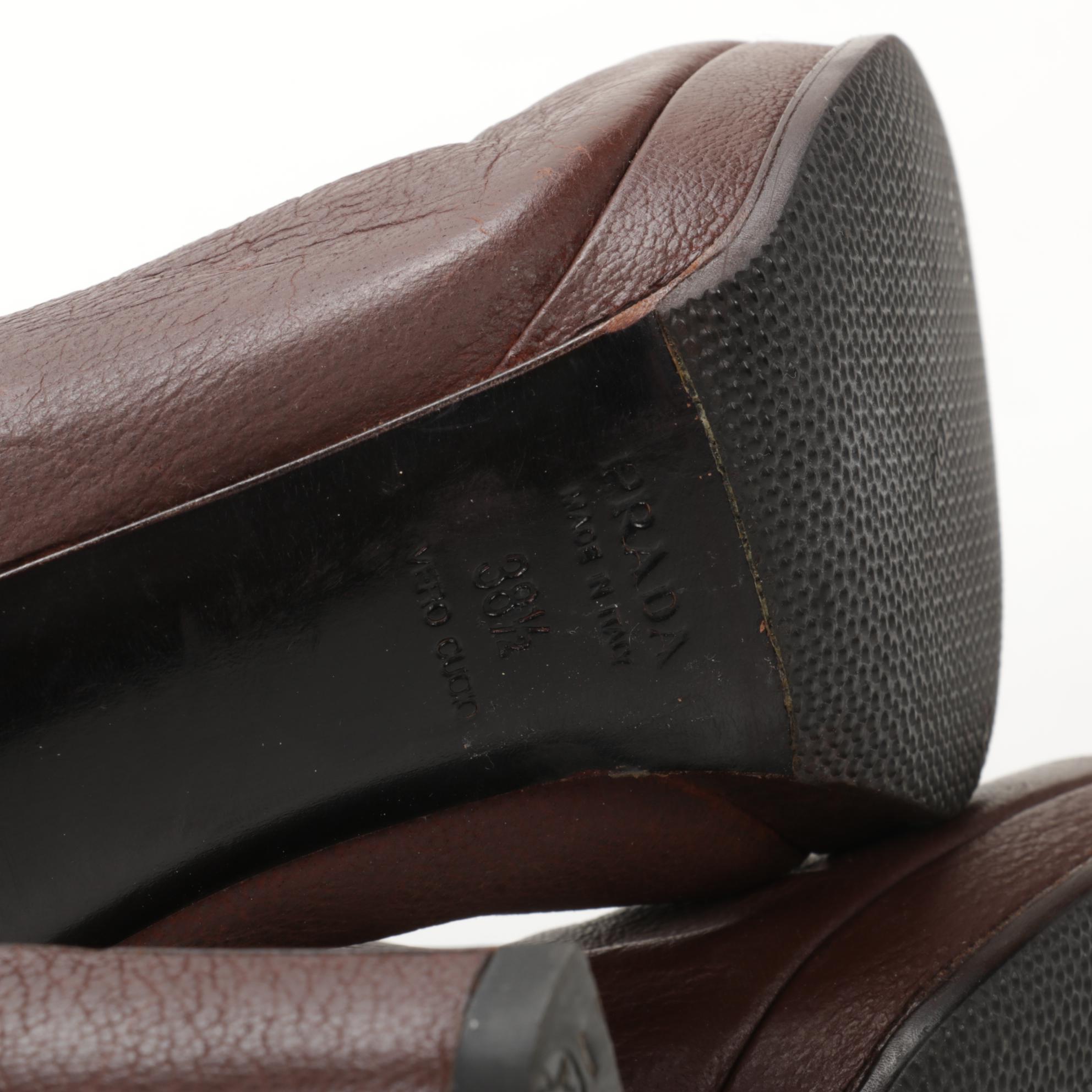 Prada Brown Leather High-Heeled Boots with Black Soutache Embroidery