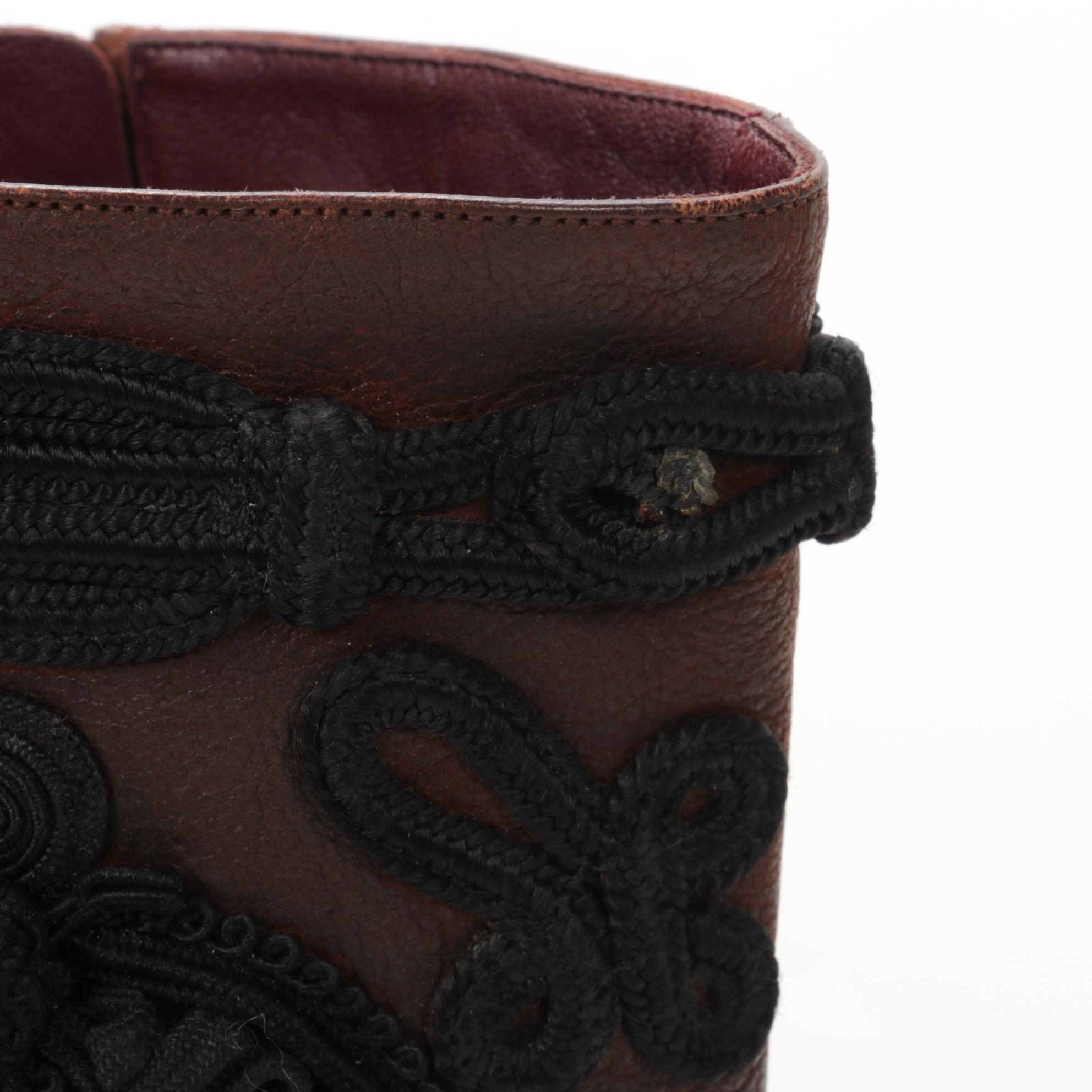 Prada Brown Leather High-Heeled Boots with Black Soutache Embroidery