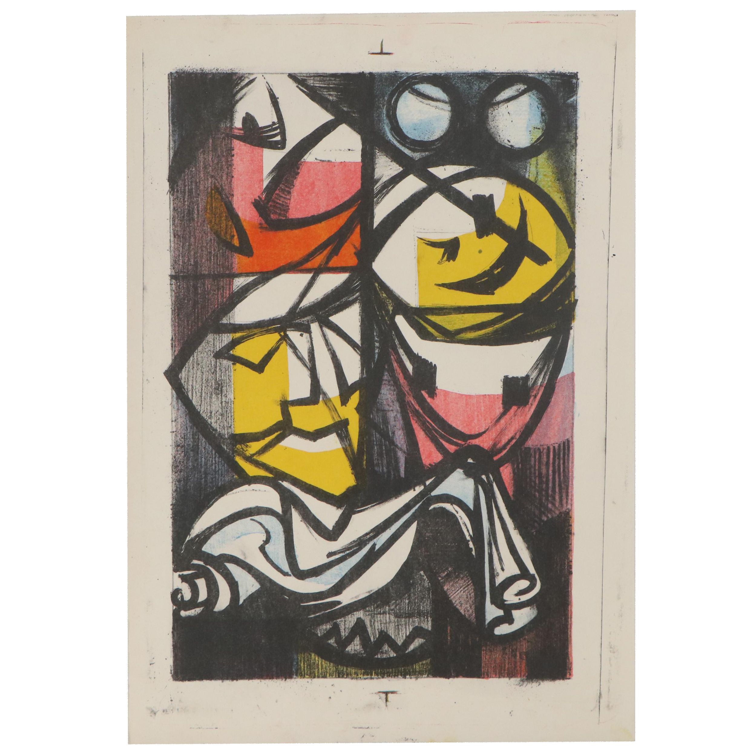 Arthur Helwig Color Lithograph "Masks," Mid-20th Century