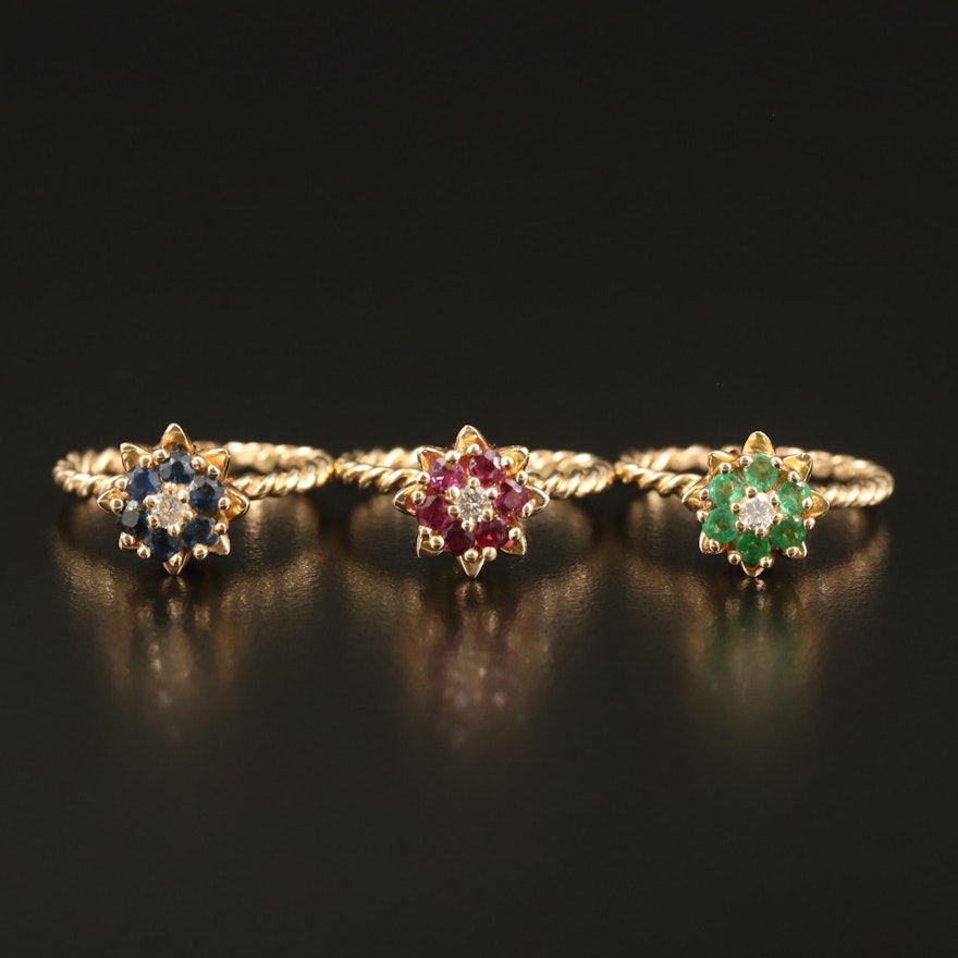 14K Ruby, Emerald and Sapphire Floral Stackable Rings