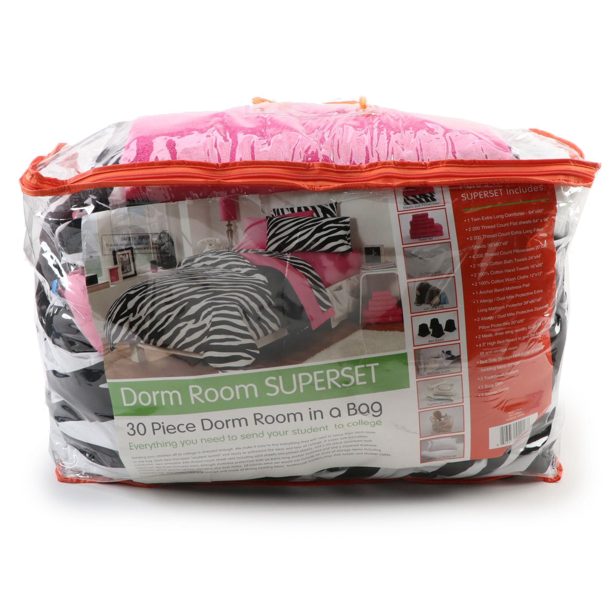 Rainbow Linens Zebra Stripe and Pink Dorm Room Set