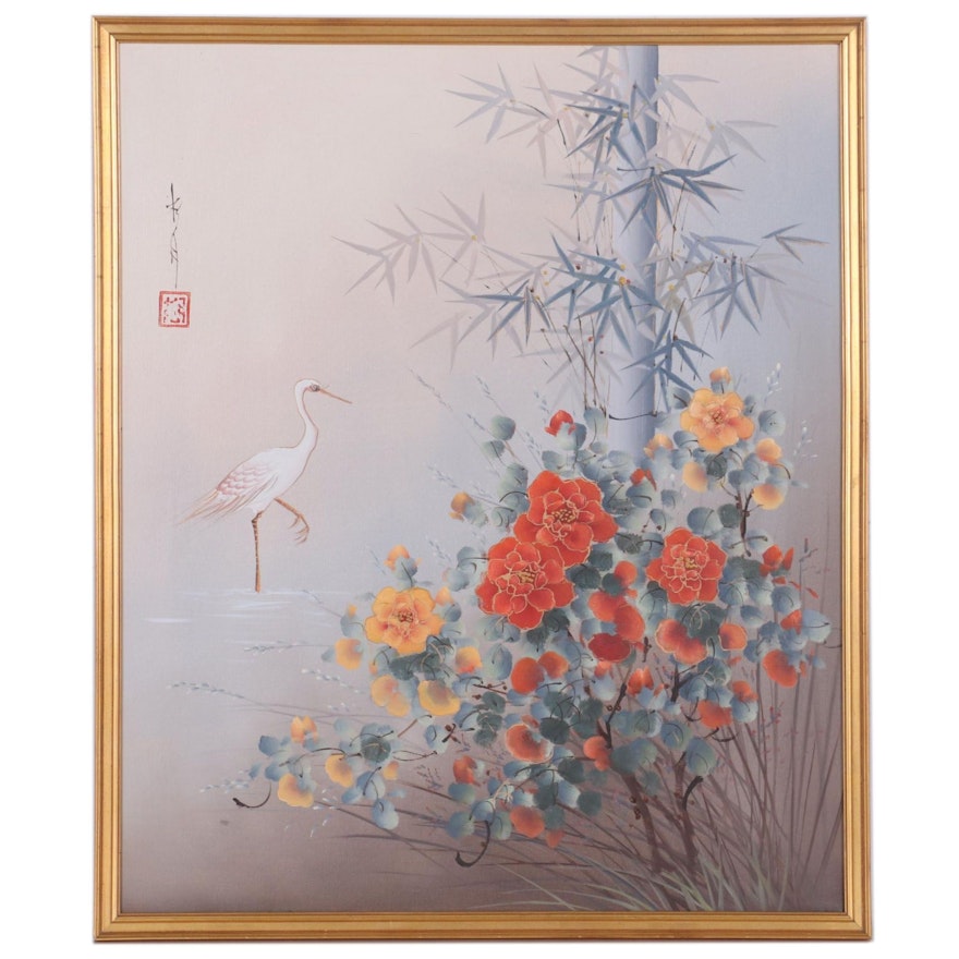 Oil Painting of Egret and Bamboo, Late 20th Century