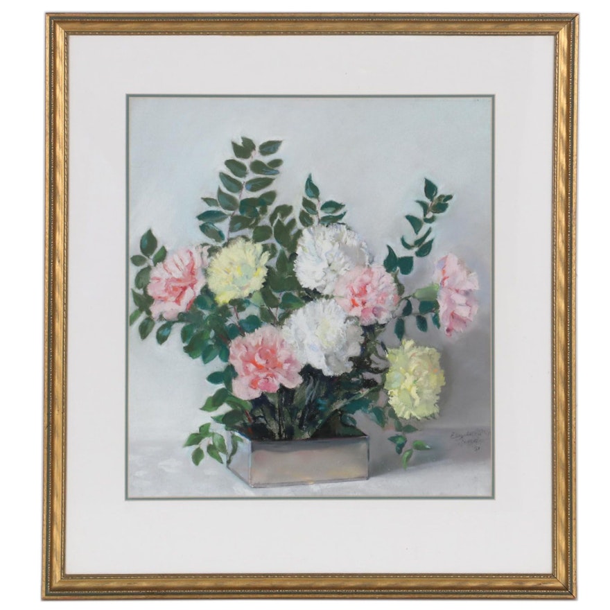 Still Life Pastel Drawing of Flowers, 1954