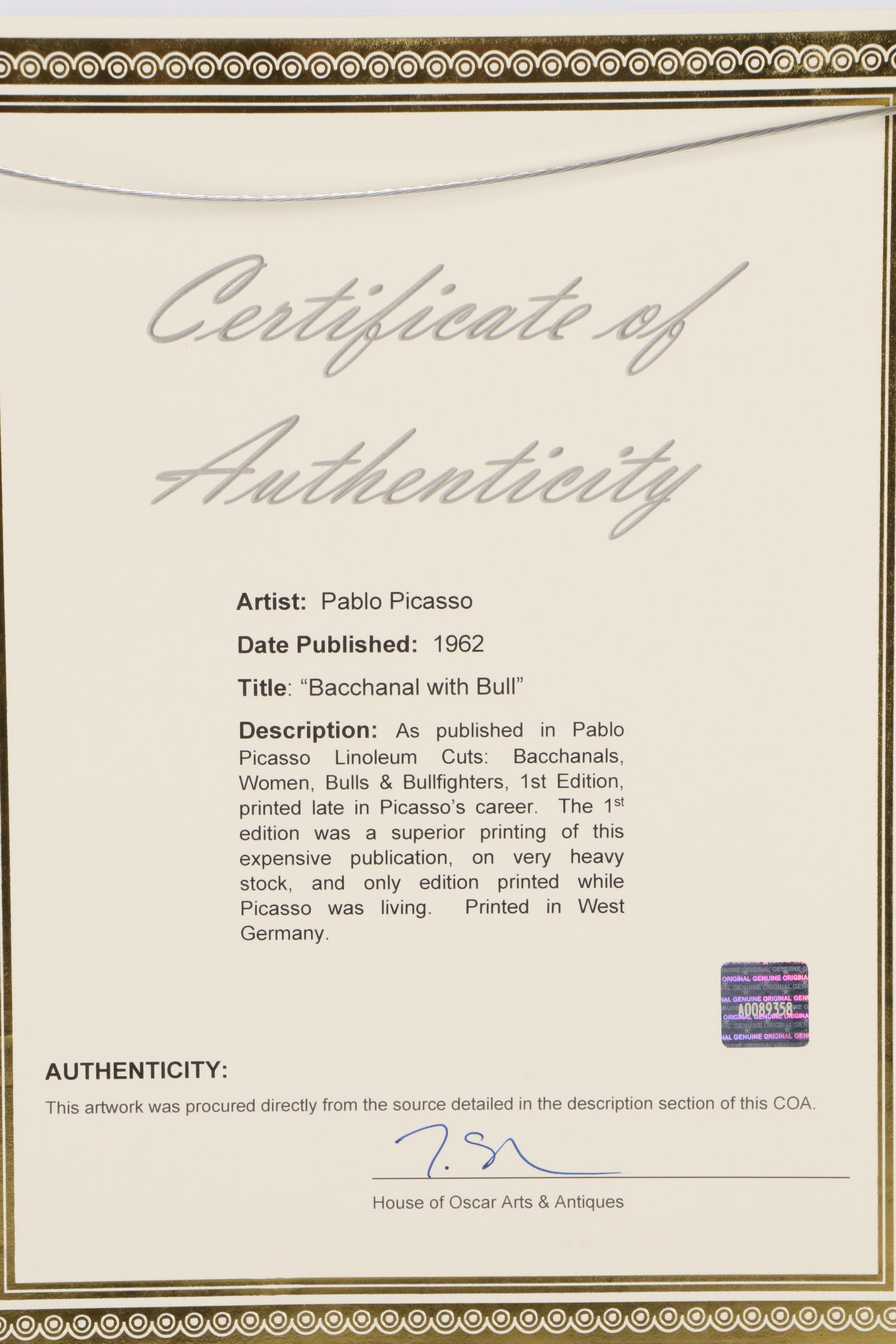 Pablo Picasso Linoleum Cut "Bacchanal With Bull," 1962