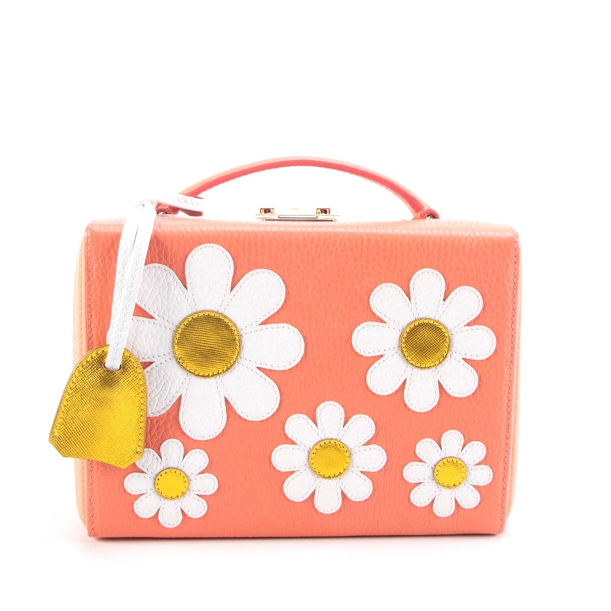 Mark Cross Grace Small Box Bag in Coral Grained Leather with Appliqué Daisies