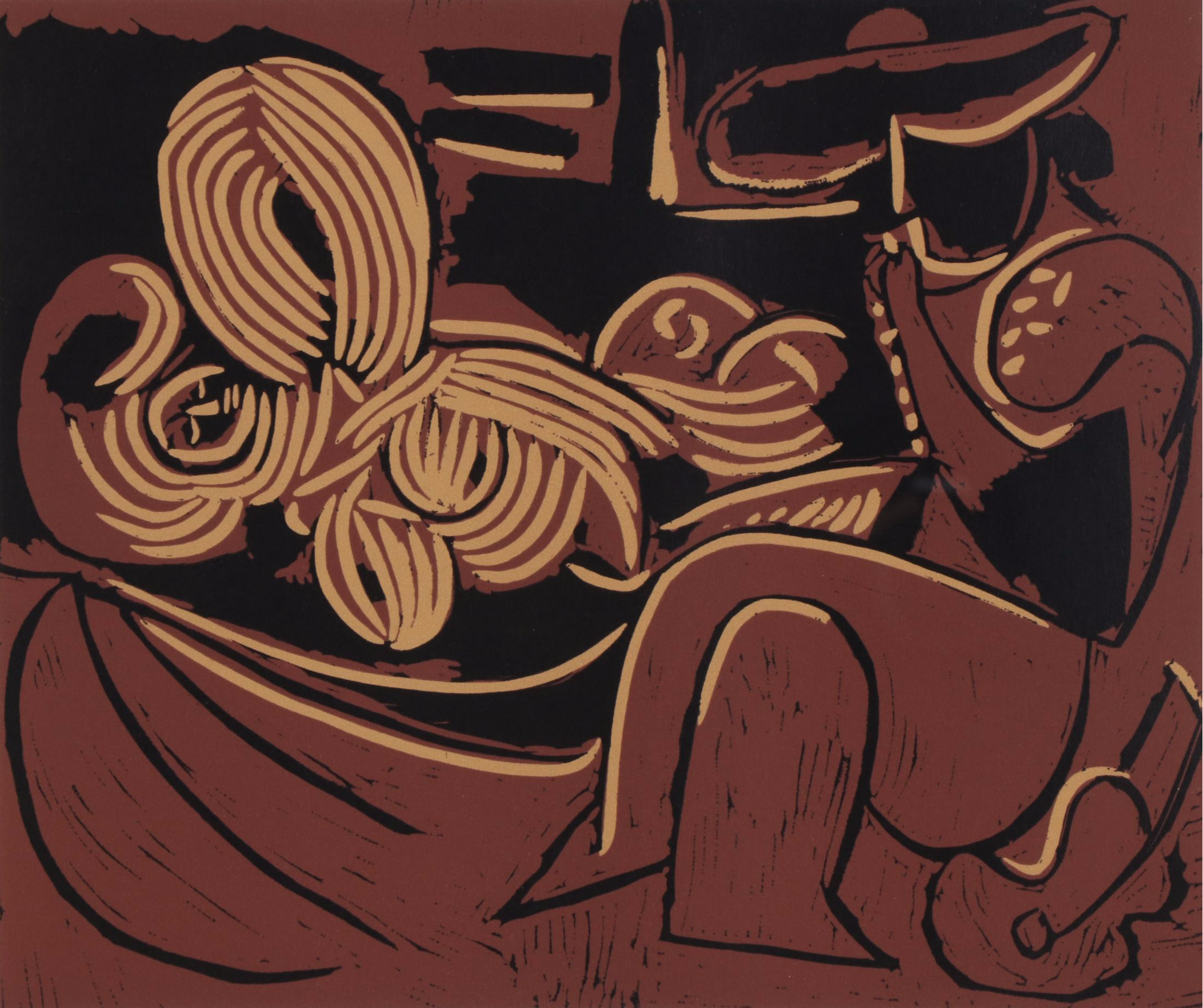 Pablo Picasso Linoleum Cut "Reclining Woman and Picador With Guitar," 1962