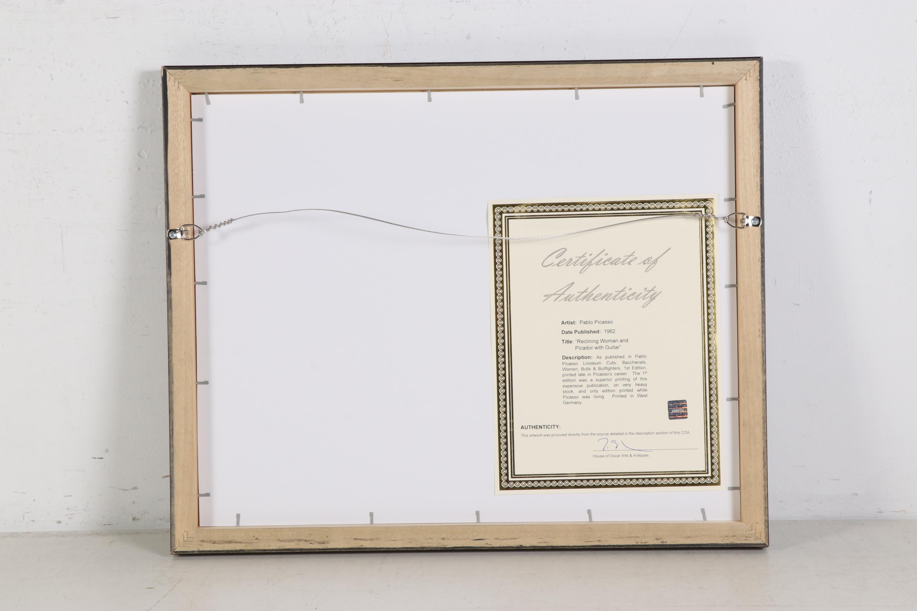 Pablo Picasso Linoleum Cut "Reclining Woman and Picador With Guitar," 1962