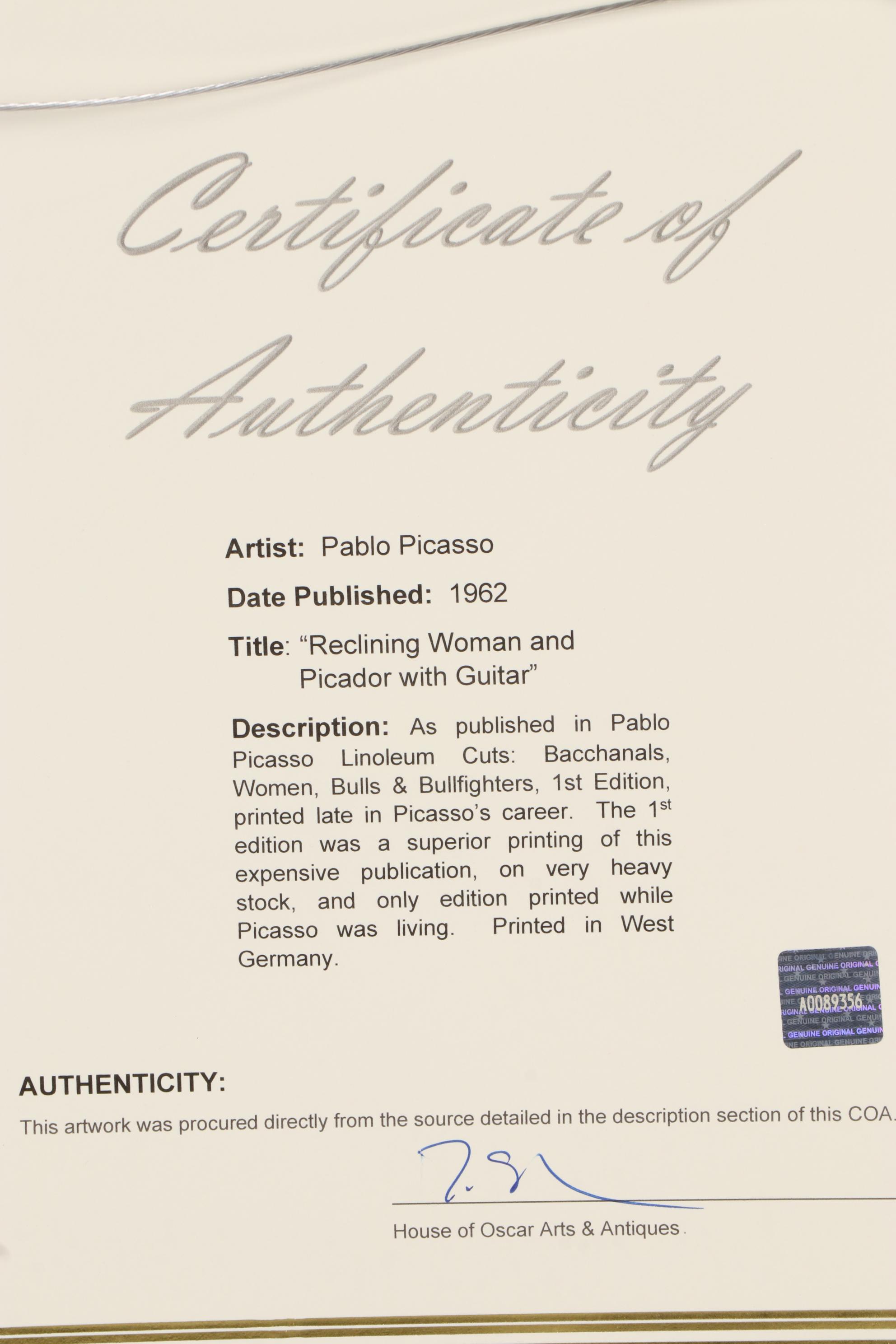 Pablo Picasso Linoleum Cut "Reclining Woman and Picador With Guitar," 1962